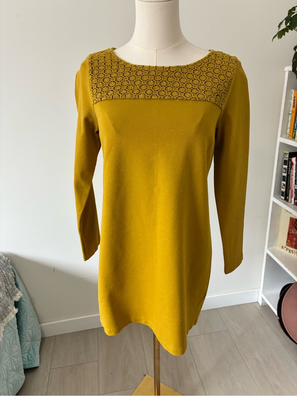 Boden Mustard Yellow Long Sleeve Knit Petite Mini Dress with Crochet Yoke